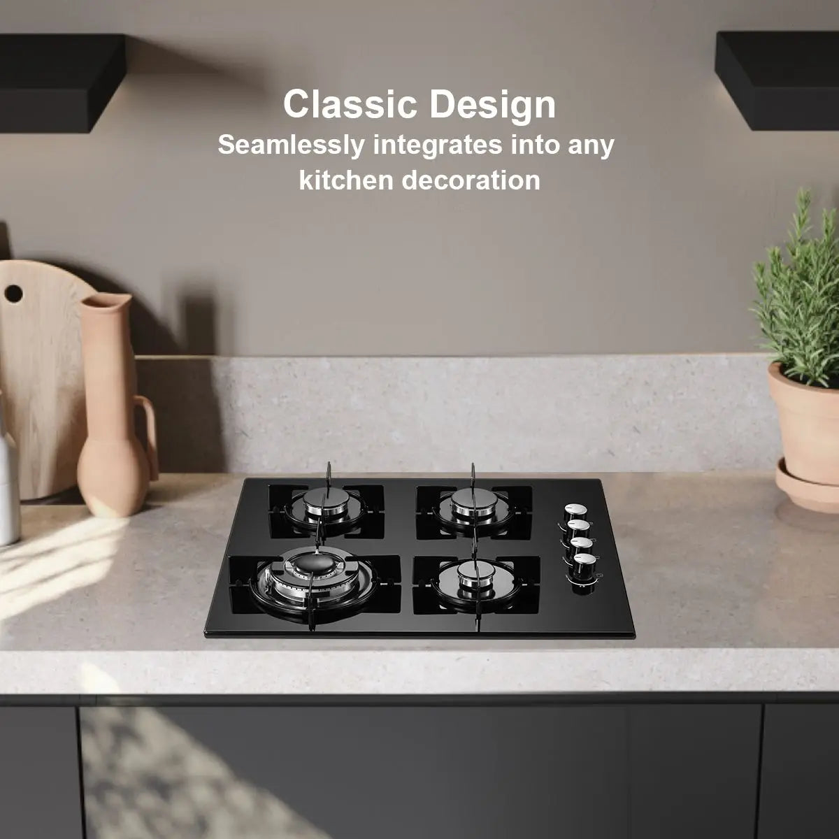 60cm Gas Hob 4 Burners 8000W Dual Fuel (Natural Gas/Propane) Auto Flame Protection Tempered Glass Built-in/Freestanding 220-240V.