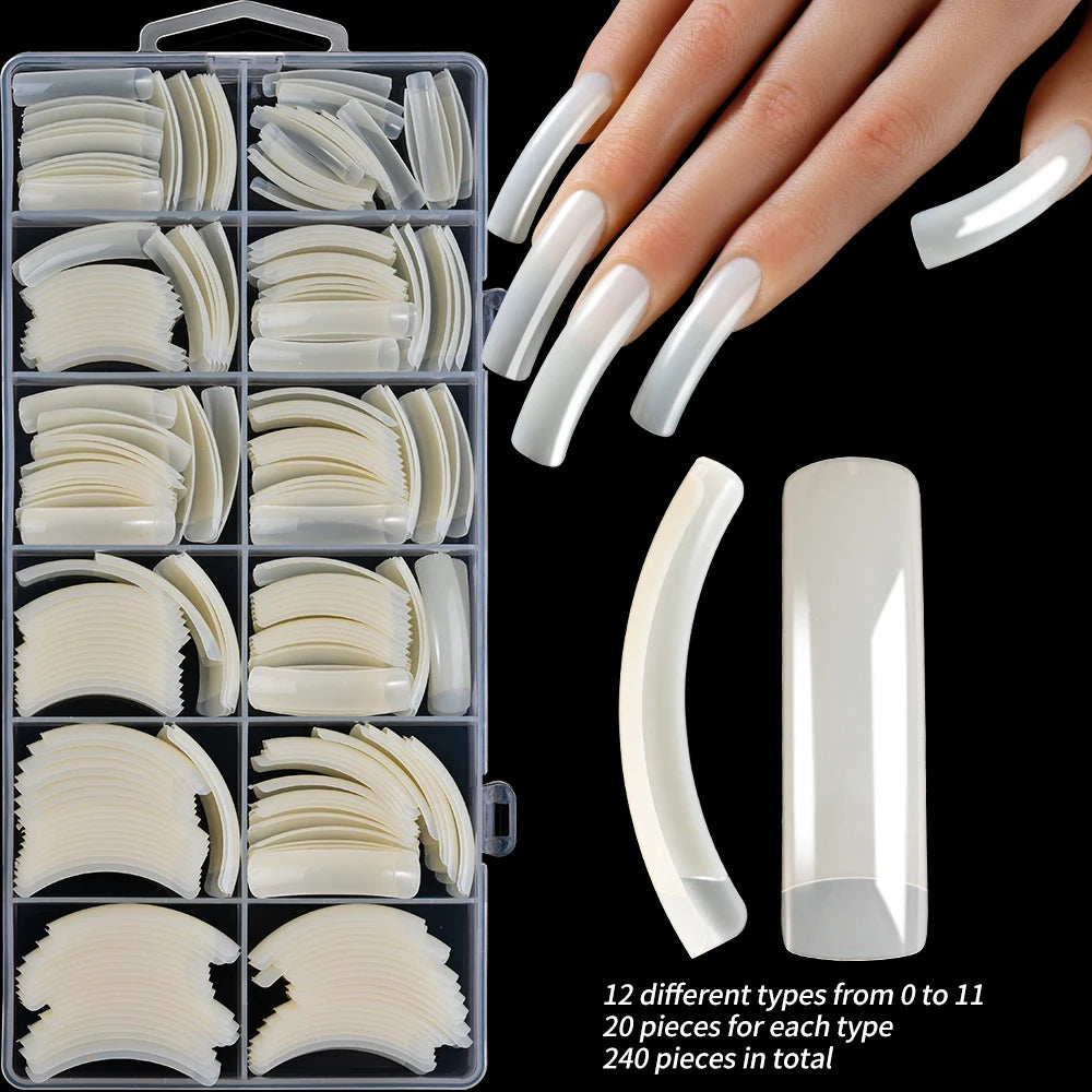 240PC Professional 3XL Extra Long Clear Square Nail Tips 12 Sizes Half Cover Acrylic Nails NO C CURVE Long Square Fake Nail Tips