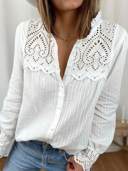 High Quality Loose Cotton Women Blouses 2025 Autumn New Lace Women Shirt Tops Fashion Casual Round Neck Long Sleeve Women Blouse.