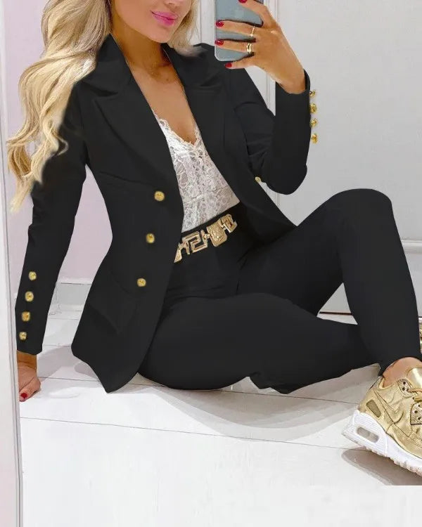 Casual Solid Suit Coat Pants Set Office Lady Autumn Fashion Elegant Long Sleeve Top Trousers Two Piece Set Women Outfit 2023.