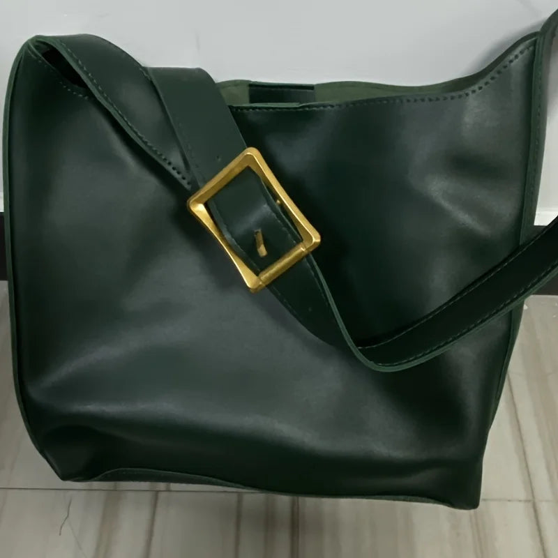 Women's Fashion Tote Bag, Minimalist Shoulder Handbag, Retro Faux Leather Bucket Bag, Polyurethane Lining, No Print.