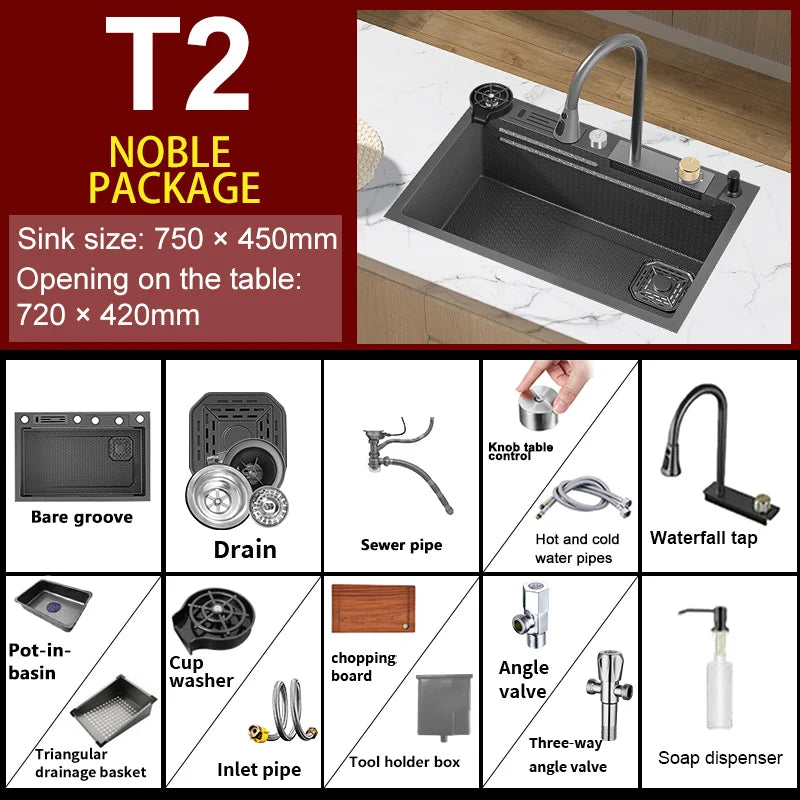 Large Single Slot Embossed Stainless Steel Waterfall Kitchen Sink  Household Wash basin Dishwashing  Sink For Kitchen