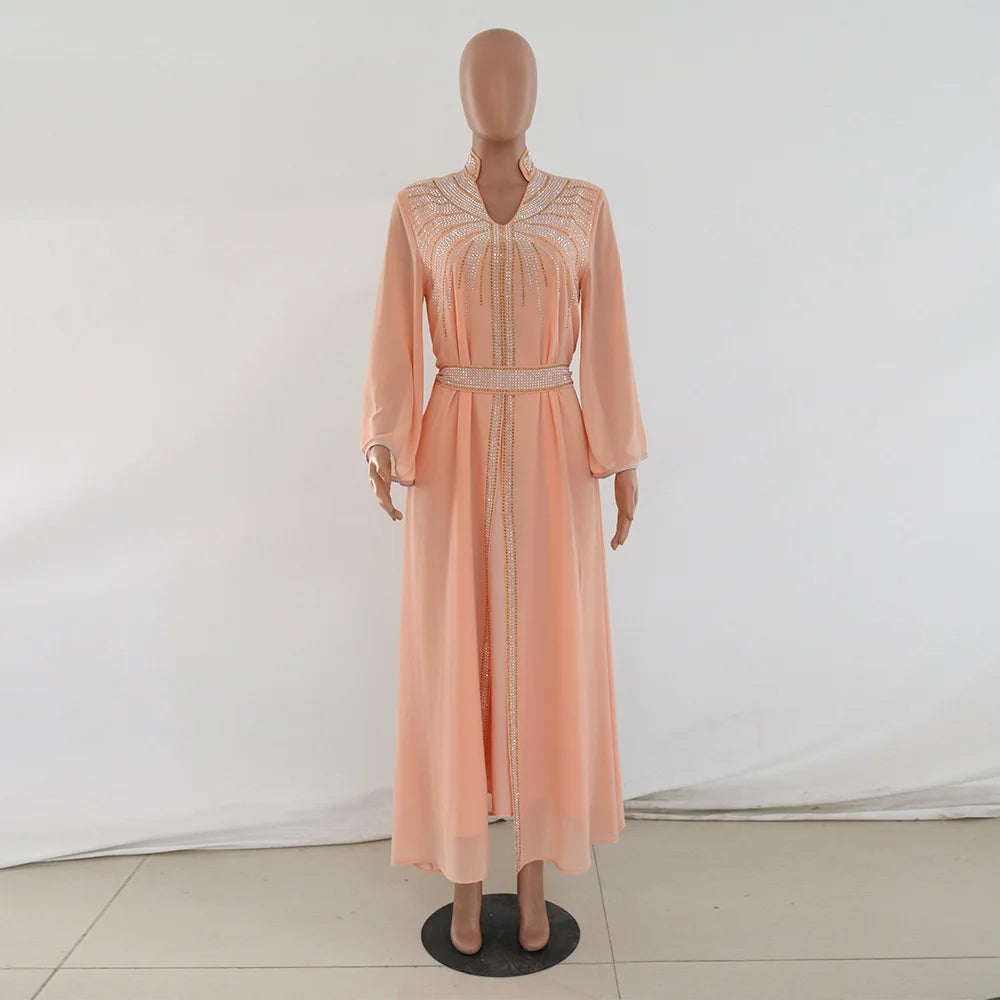 Uni Arabische Robe Mode Nahen Osten Muslimischen Kaftan Dubai Hot Fix Diamant Party Abendkleider für Frauen Kerb Stehkragen.