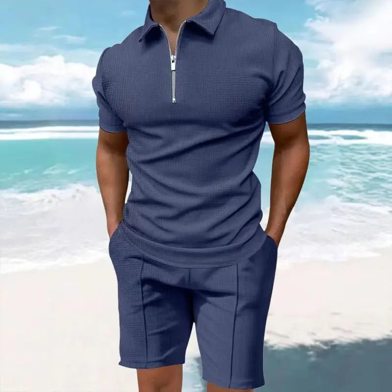Men's Comfortable Short-Sleeved Waffle Polo Shirt And Shorts Set - Breathable Lightweight Spring/Summer Clothing
