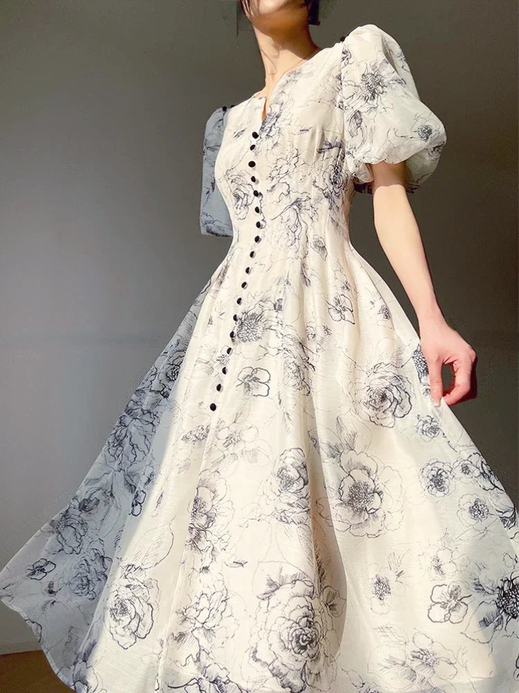 Büro Dame elegante Blumen Midi Kleid formelle einteilige Kleid koreanische Party Strand Langarm Freizeit kleid Frau 2024 Sommer Chic.