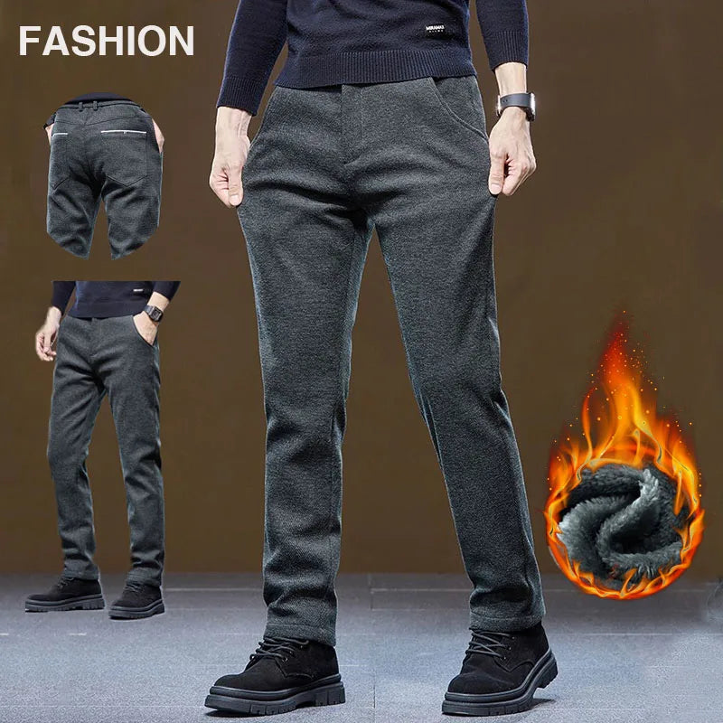 Men's Winter Velvet Casual Pants Thickened Warm Slim Fit Comfortable Solid Color Trousers Korean Fleece  Fashion Outdoor Jogging.