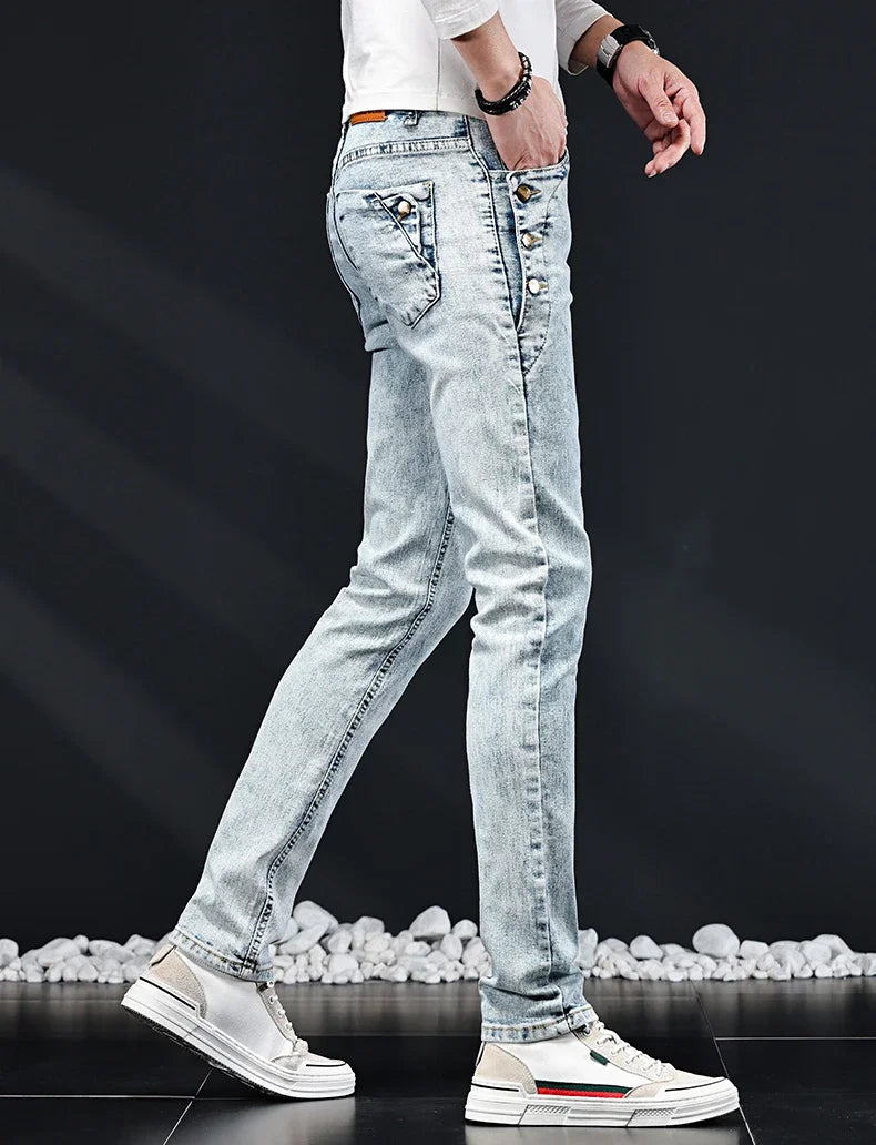 Slim Skinny Jeans Men New Elastic Korean Design Fashion Multi-Button Blue White Vintage Wash Cotton Stretch Denim Pants Trousers
