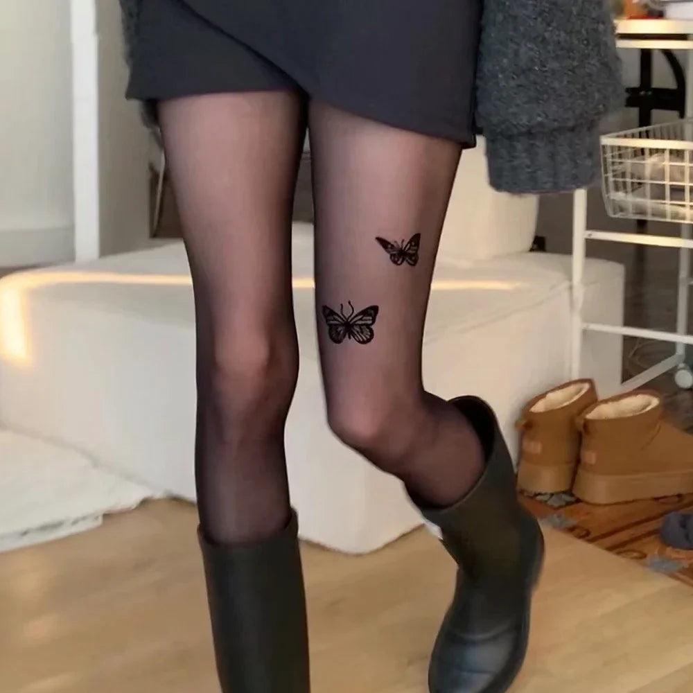 Butterfly Print Tights Pantyhose Thigh High Stockings Sexy Women Pantyhose Lingerie Hosiery Thin Nylon Tights Body Stockings.