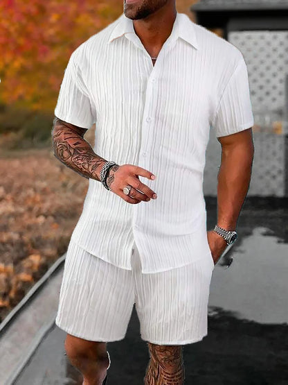 Lazy Street Style Vertical Stripe Slimming Shirt Shorts Two-piece Set No Need To Pair With Autumn Men's Thin Knit Sports Suit