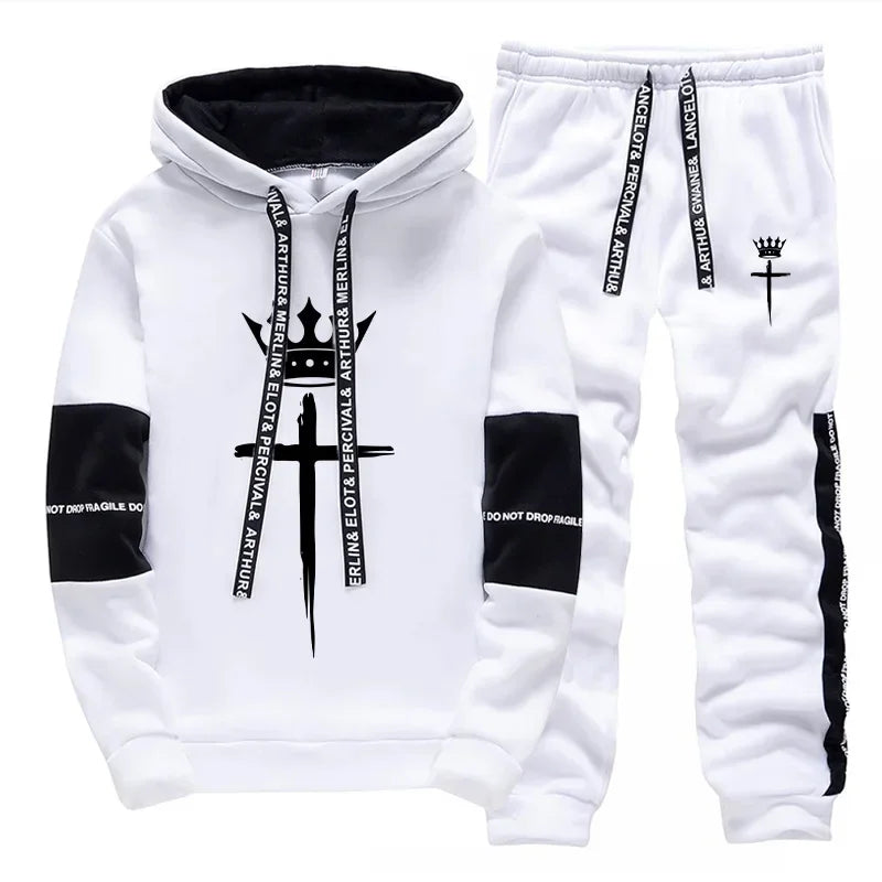Cross Crown Print Sweatshirts Sweatpants High Quality Street Fashion Tracksuit 2025 Fall/winter Men's Sportswear 2pcs Set.
