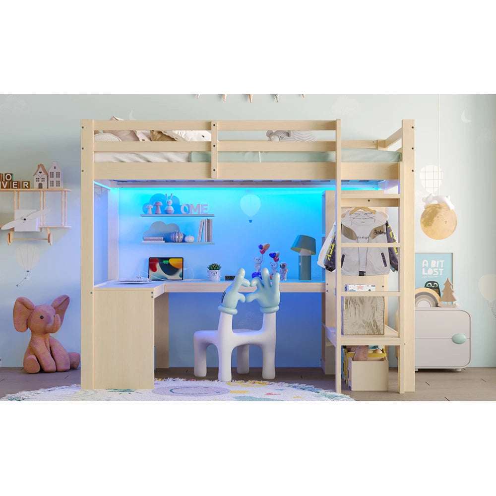Modernes Kinder-Hochbett 140 x 200 mit Multifunktionsregalen, Unterbett-Schreibtisch, LED-Licht und USB, Kleiderschrank mit Stauraum, für Schlafzimmer