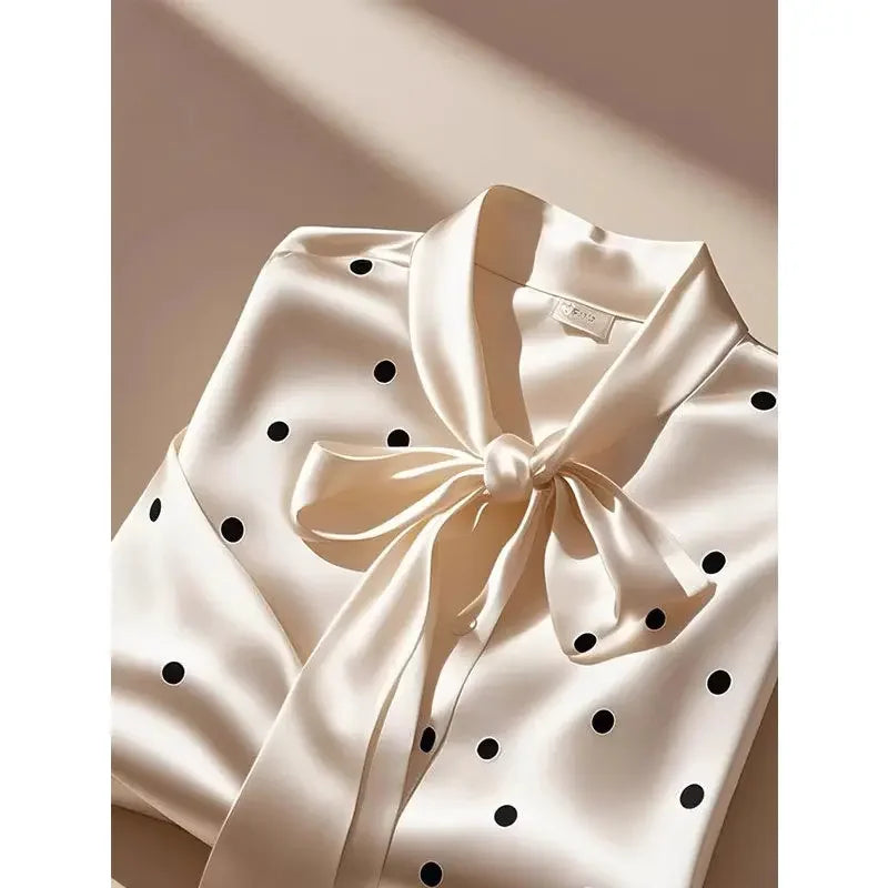 Elegant High Quality Satin Polka Dot Print Shirt Women Office Lady Business Casual Chic Blouse Lace-up Bow Long Sleeve Loose Top.