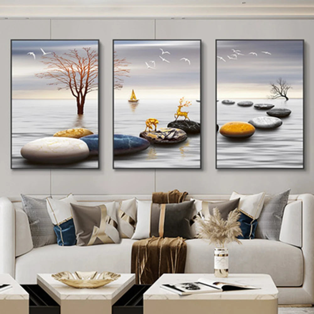 3 Pieces Nordic Luxury Ribbon Abstract Landscape Wall Art Canvas Paintings Modern Gold Deer Poster Print Picture for Home Decor.