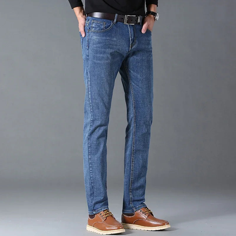Spring Autumn Business Men Jeans Casual Straight Stretch Fashion Classic Black Sky Blue Grey Work Denim Trousers Brand Clothing.