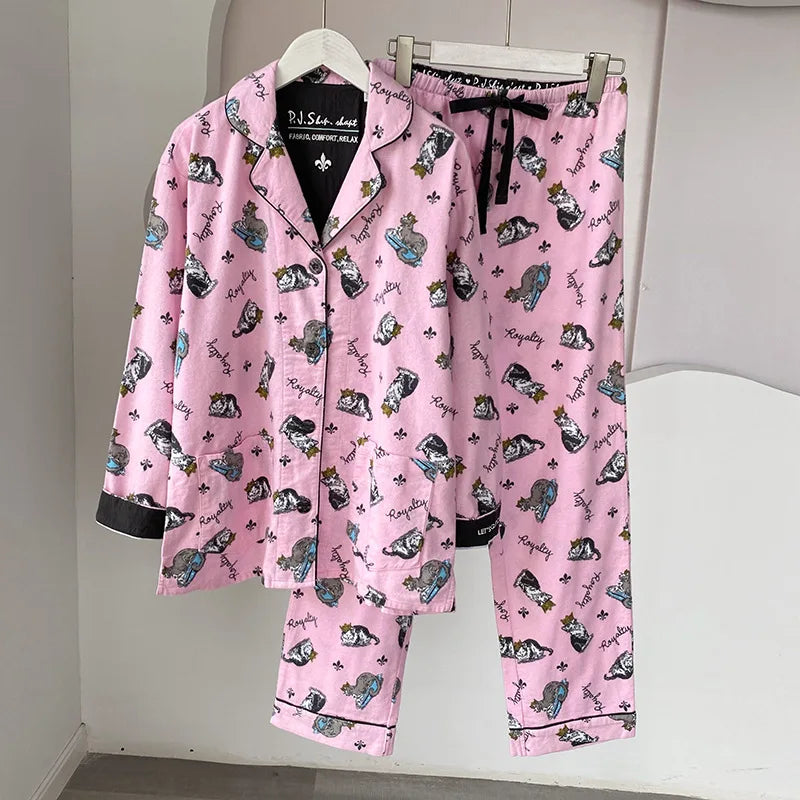 2025 New Pajamas Suit Cotton 2 Piece Set Women Print Cartoon Nightwear Long Sleeve Trousers Set Autumn Loungewear Home Clothes.