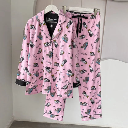 2025 New Pajamas Suit Cotton 2 Piece Set Women Print Cartoon Nightwear Long Sleeve Trousers Set Autumn Loungewear Home Clothes.