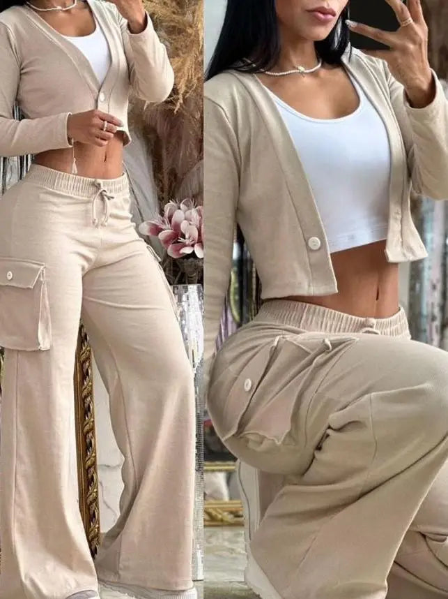 Women's Casual Two Piece Sets Spring Autumn Fashion Cardigan Long Sleeve Short Top Big Pocket Cargo Pants Sets 2024 Outifits.