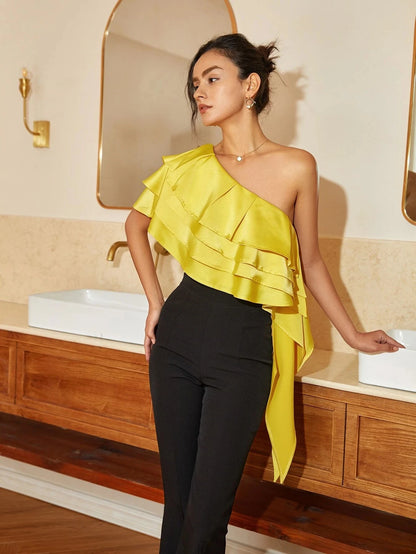 AEL Women's One Shoulder Layered Trim Side Draped Top.