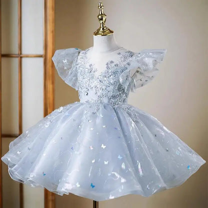 Blütenblattärmel Kleid Pailletten Mädchen Prinzessin Kleider Klavier Performance Kleider Teenager Kleidung Fliegende Ärmel Tutu Ballkleid.