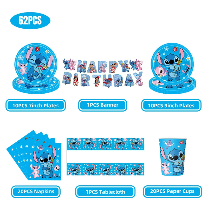 Stitch Party Supplies für Kinder Lilo und Stitch Geburtstag Party Dekorationen Luftballons Banner Tischdecke Hintergrund Geschirr