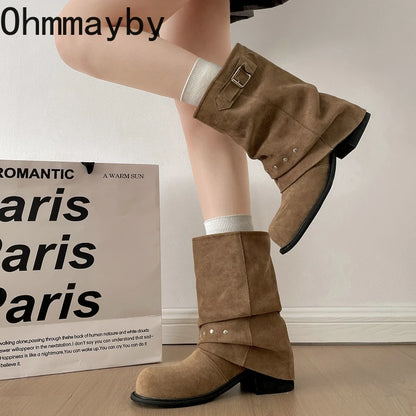 Winter Pleated Women Western Ankle Boots Fashion Rivet Belt Buckle Shoes Ladies Concise Vintage Thick Heel Short Booties.