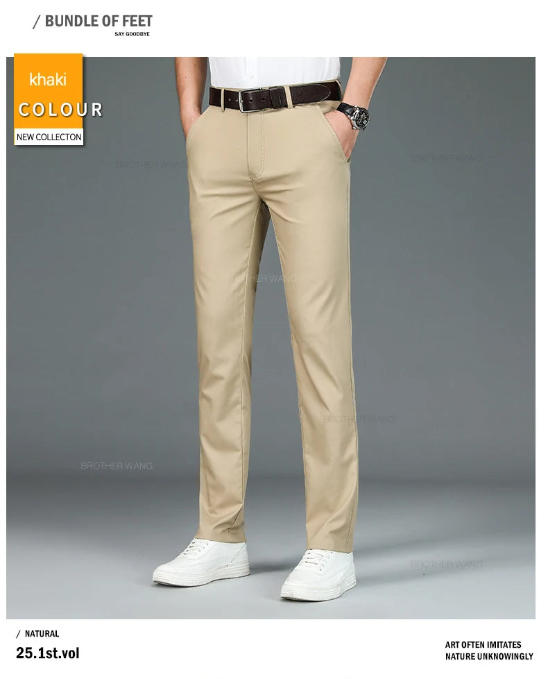 Bamboo Fiber Fabric Men's Casual Pants Summer New Ultra-thin Elastic Soft Straight Business Trousers Classic Black Khaki Gray.