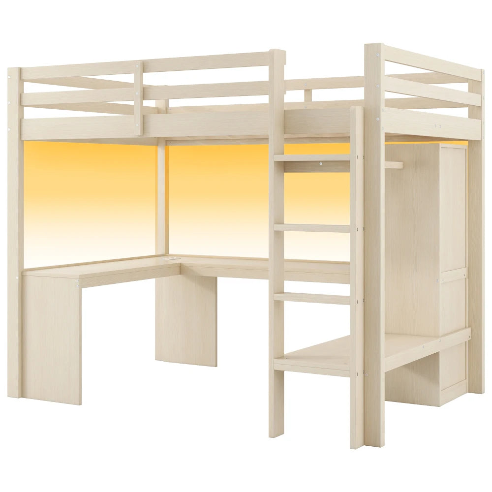 Modernes Kinder-Hochbett 140 x 200 mit Multifunktionsregalen, Unterbett-Schreibtisch, LED-Licht und USB, Kleiderschrank mit Stauraum, für Schlafzimmer