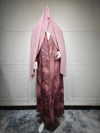 2025 sommer Arabisch Frauen Muslimische Kleidung Ramadan Dubai Offene Abaya Kleid mit Hijab Islam Gedruckt Chiffon 2 Stück Outfit