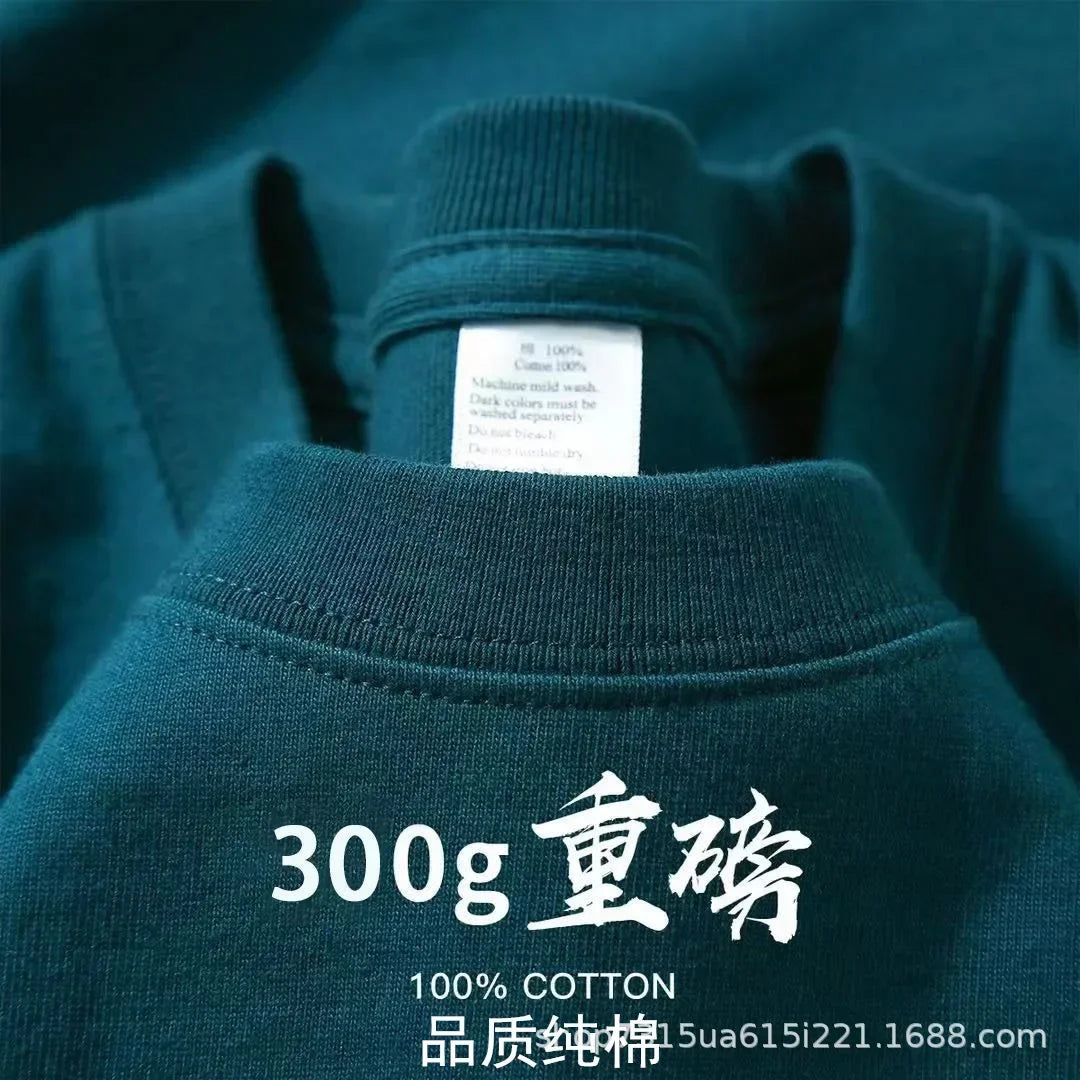 Summer Light Green Heavy Weight 300G Short Sleeved T-shirt Cotton  Men's Loose Casual Base Shirt Korean Tee Women's