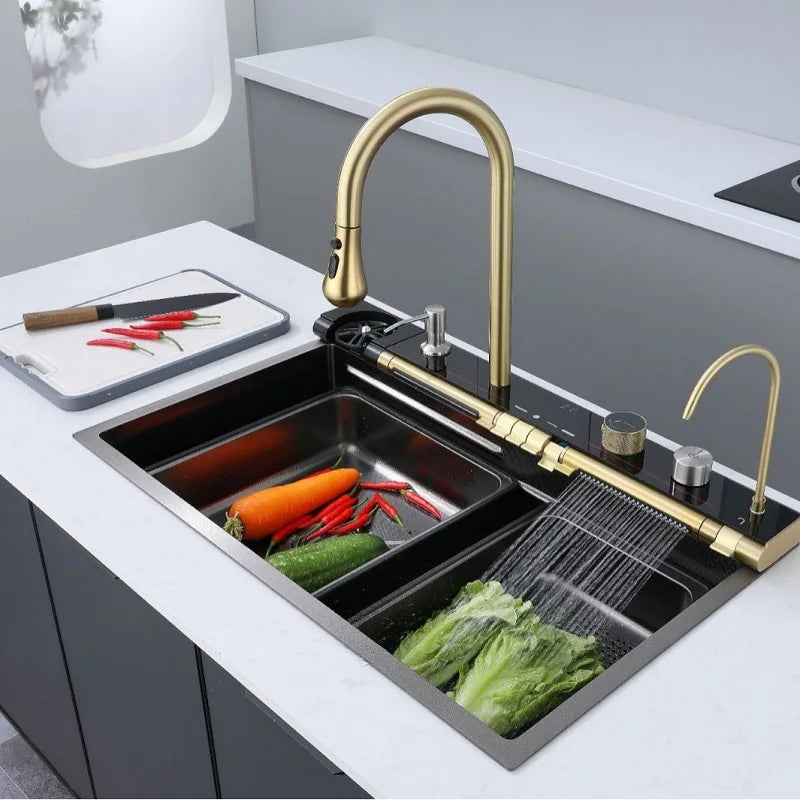 Golden Household Stainless Steel Waterfall Kitchen Sink MultiFunction Wash Vegetable and Dish Countertop Basin Large Single Slot