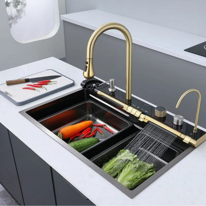 Golden Household Stainless Steel Waterfall Kitchen Sink MultiFunction Wash Vegetable and Dish Countertop Basin Large Single Slot