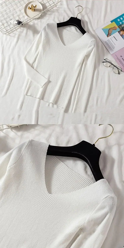 2025 mode V-ausschnitt Elastische Grundlegende Top Neue Frauen Pullover Herbst Winter Langarm Pullover Weibliche Winter Solide Strick Jumper.