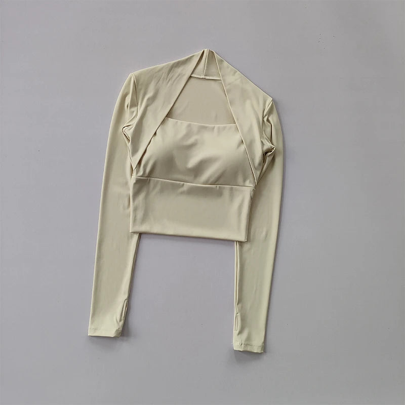 Fitness Chest Cushion Sports Top Women Long Sleeve Shirts Pra Speed Up Short Elegant Dance Yoga Clothes Small Waistband Gym.