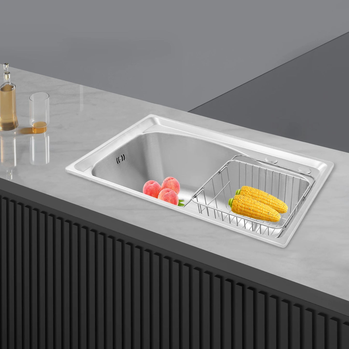 Stainless Steel Kitchen Sink Set, Single Bowl 25.6" Undermount/Overmount Sink with Draining Basket & Accessories