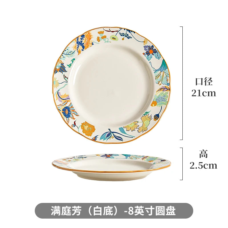 1PC Chinese-style Ceramic Plates New Flower-patterned Dinner Plates Ceramic Fruit Salad Plates Exquisite Kitchen Accessories