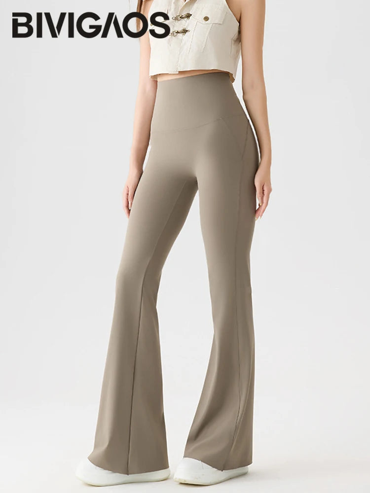 BIVIGAOS Naked Feeling Back Waist Pocket Sharkskin Micro Flared Leggings Women's Tight Sexy Sports Fitness Yoga Casual Pants.