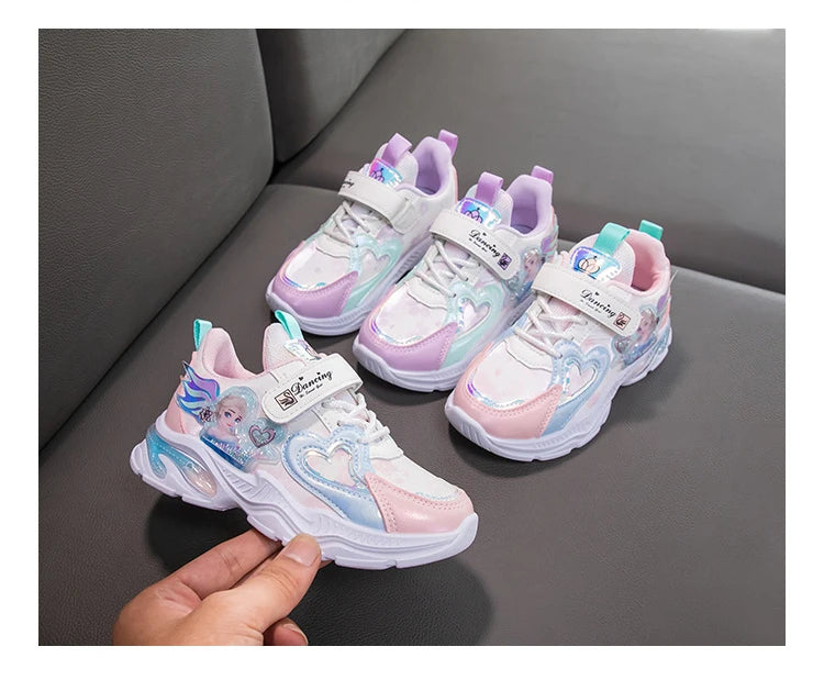 Disney Girls' Casual Shoes Frozen Priness Elsa Sneakers Mesh Leather White Breathable Sole Children's Sport Shoes Size 26-37.