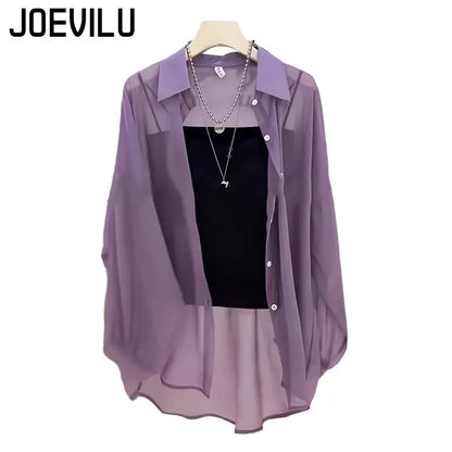 Sheer Chiffon Shirt Women's Casual UV Resistant Cardigan Summer Thin Commuting Coat Japanese Fashion Mesh Sunscreen Clothing Y2k.