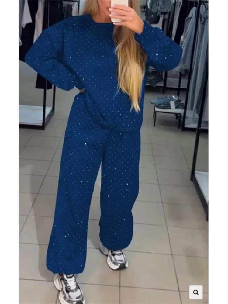 Fall Winter Rhinestone Shiny Loose Fit Set Women O Neck Sweatshirt Pullover Tie-up Pants Tracksuit Retro Loose Sport 2 Pice Set.
