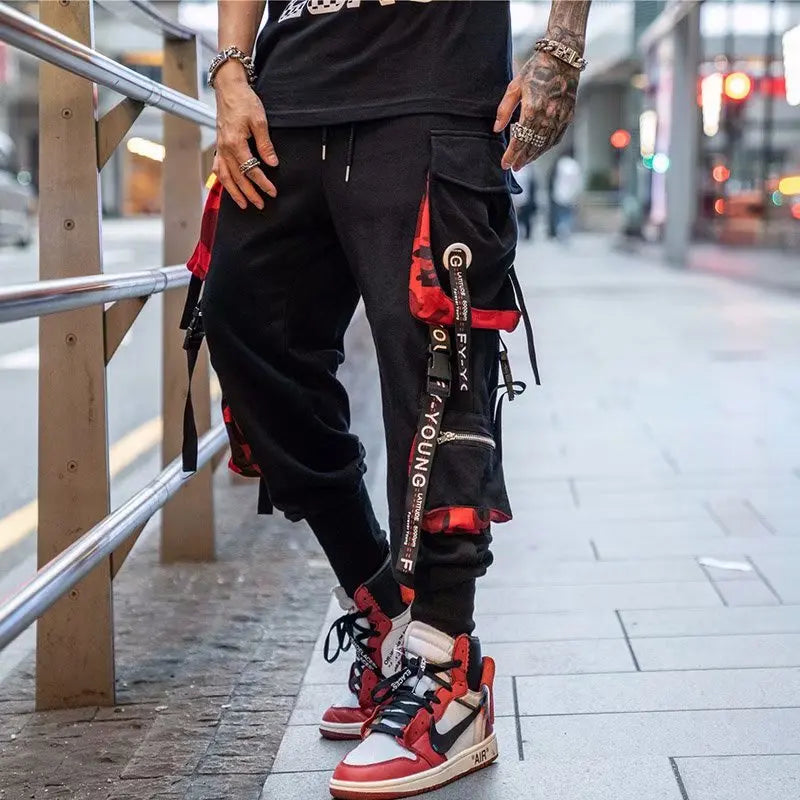 Men's Cargo Pants Casual Hip Hop Hit Color Multiple Pockets Trousers Streetwear Ribbons Techwear Sweatpants.