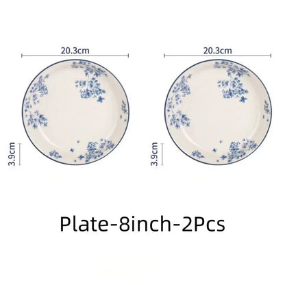 SOLECASA English Retro Ceramic Tableware Blue Flowers Pattern Household Salad Bowls Steak Plate Fruit Dessert Plates Dinnerware.