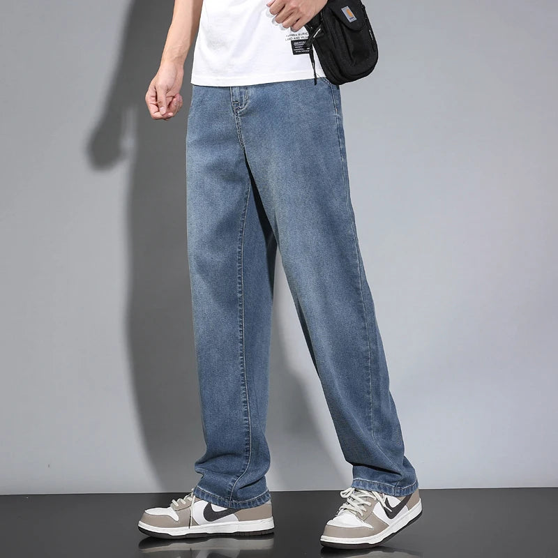 Summer Thin Men's Straight Loose Gray Jeans Soft Fabric Lyocell Fabric Light Colored Casual Pants Male Brand Trousers.