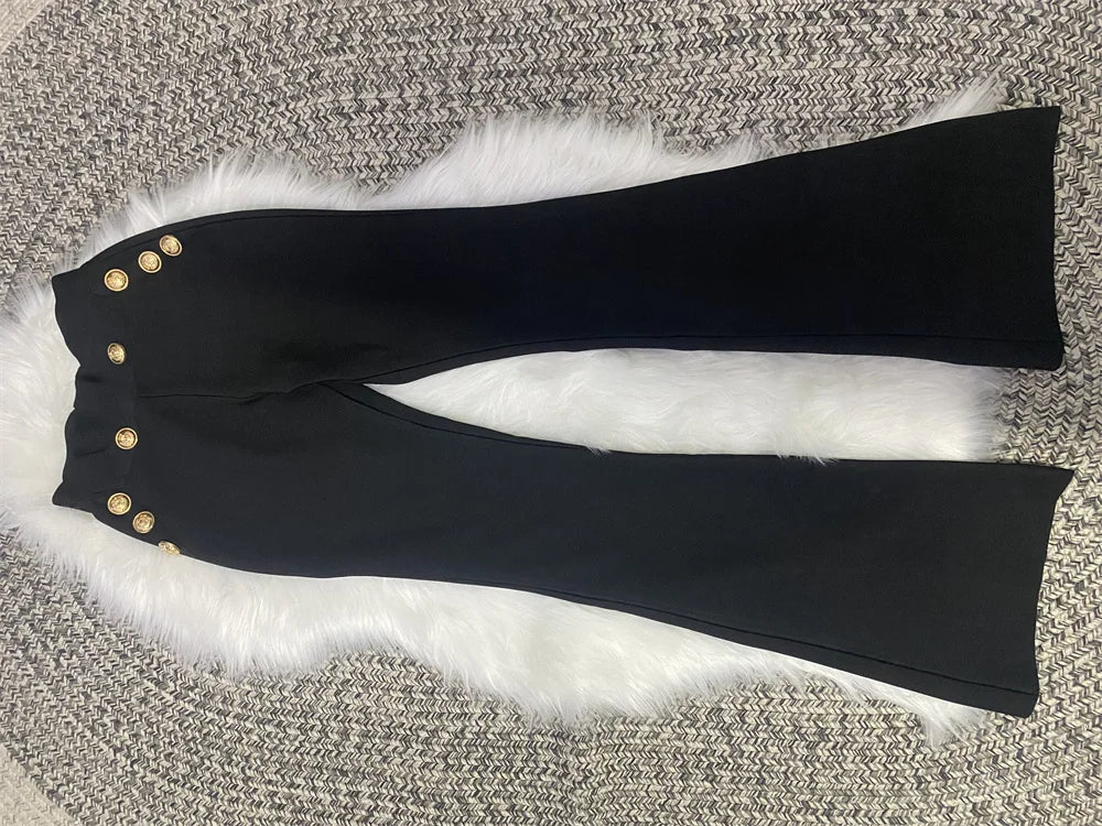 New Autumn Style Black Color Women Long Sleeve Button Rayon Bandage Coat Pants Fashion Women's Set High Street Celebrate Wear.