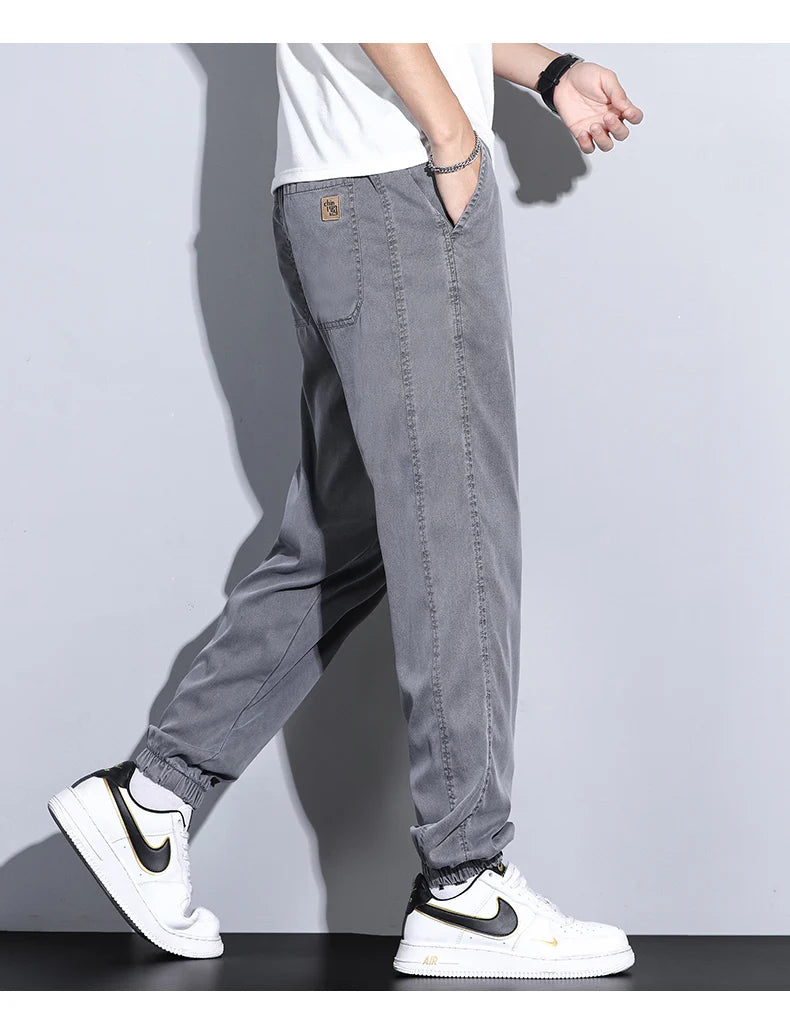 Men's Lyocell Loose Cuffed Tapered Pants 2025 Summer Autumn Comfortable Breathable Casual Long Pants Plus Size 5XL