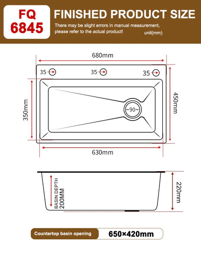 Stainless Steel Kitchen Sink Embossed Large Single-Slot With Kitchen Faucet Multifunctional Washbasin for Apartment