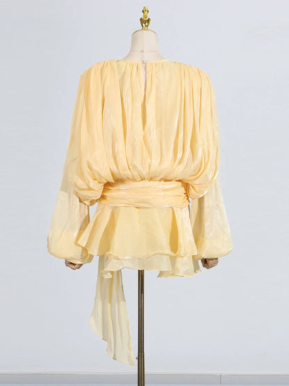 GALCAUR Solide Lose Splicd Lace Up Kleider Für Frauen V-ausschnitt Mit Langen Ärmeln Patchwork Rüschen Tunika Kleider Weibliche Mode Neue