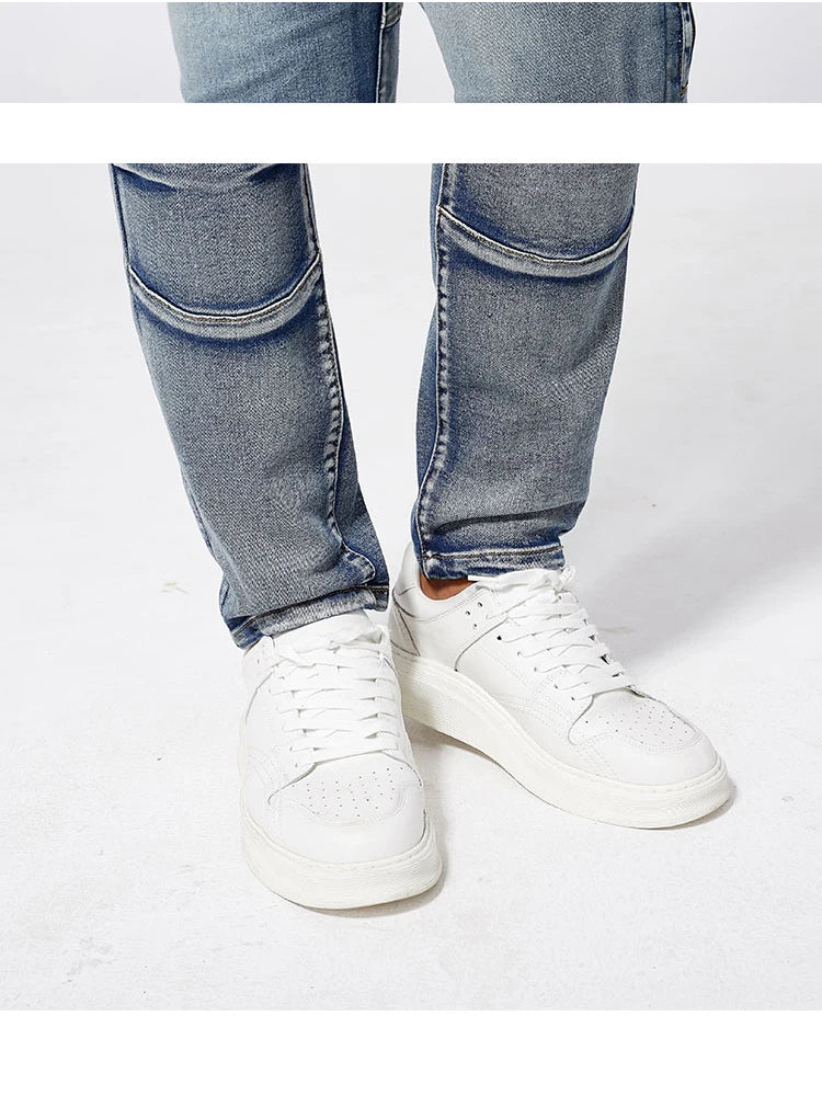 Two tone distressed patchwork jeans for men trendy jeans for summer thin straight leg pants slim fit small leg distressed jeans.