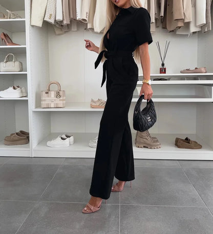 New Spring Summer Women Jumpsuits, Elegant Office Lady Jumpsuit Solid Color Belt Short Sleeve Casual Overalls Wide Leg Pants.