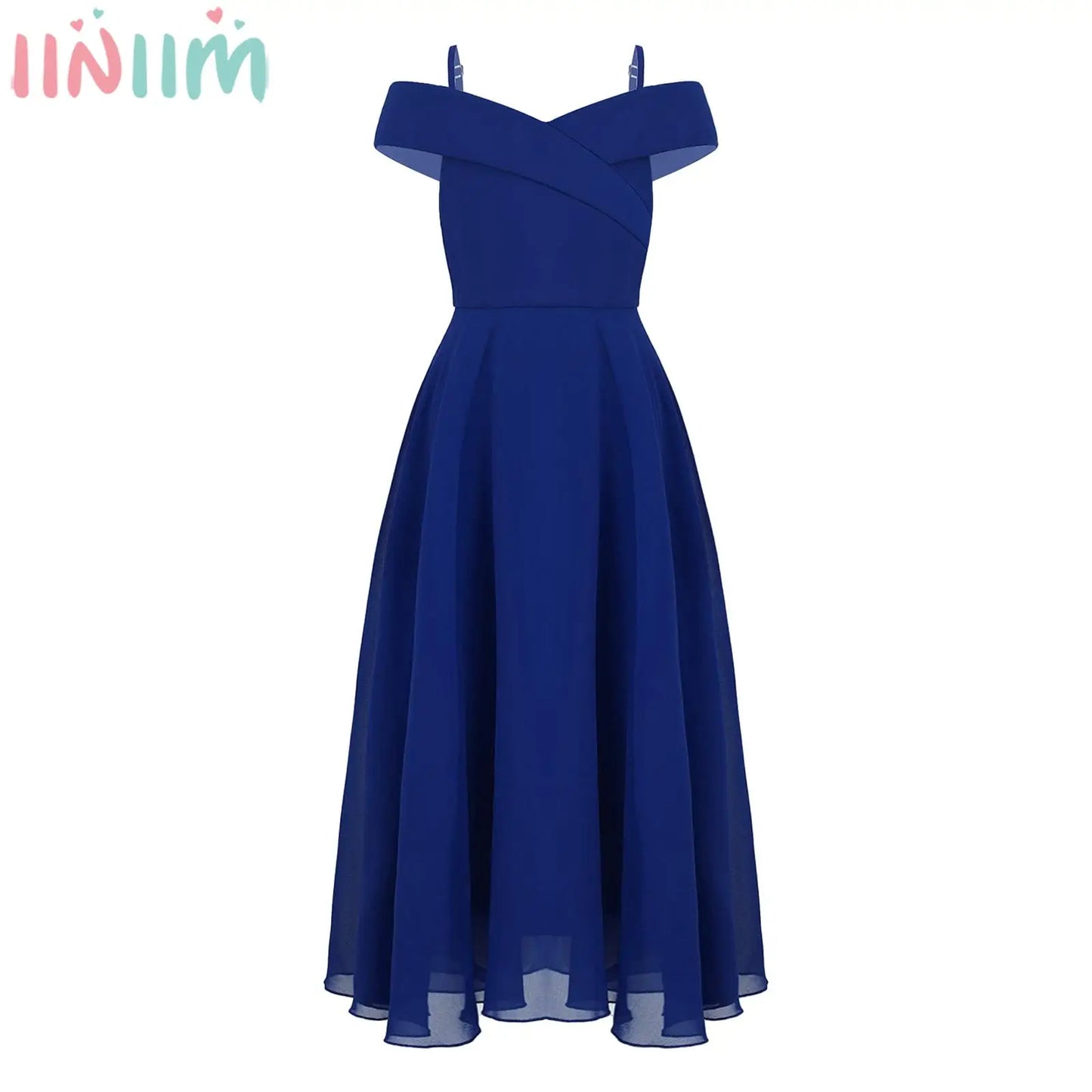 Elegantes Chiffon-Partykleid für Mädchen, schulterfrei, verstellbarer Spaghettiträger, bodenlanges Maxikleid für Hochzeit, Geburtstag, Abend.