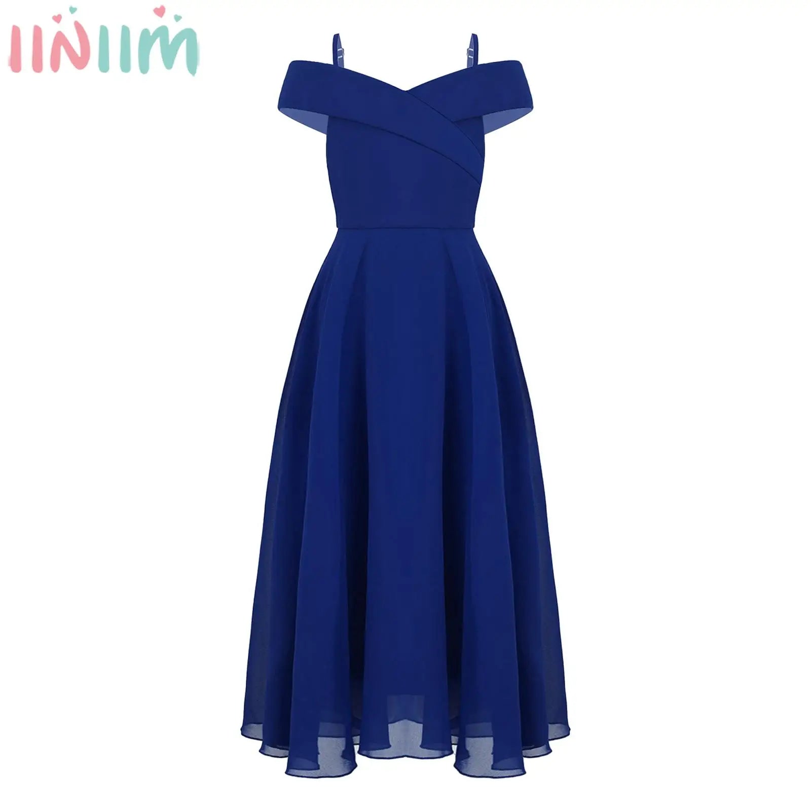 Elegantes Chiffon-Partykleid für Mädchen, schulterfrei, verstellbarer Spaghettiträger, bodenlanges Maxikleid für Hochzeit, Geburtstag, Abend.